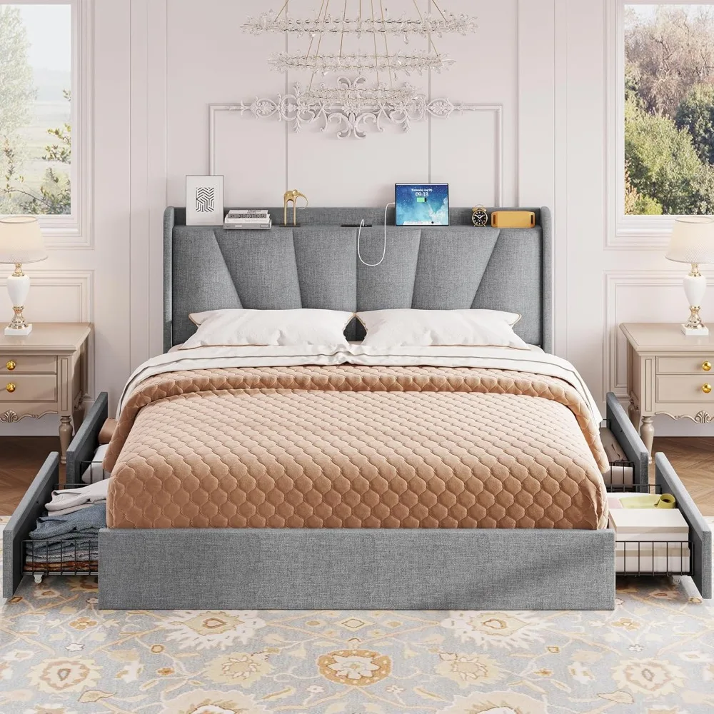 

King Bed Frame and Upholstered Headboard, Platform Bed with Storage Drawers and Outlets, Sturdy, Noiseless, No Box Spring Needed