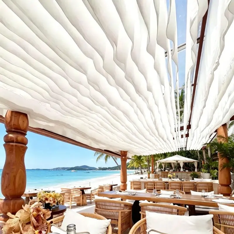 

Outdoor Colorful Wave Ceiling Drapes Wind-Moved Sunshade Fabric For Patio Yard Bistro Hotel Cafe Scenic Spot Ceiling Decoration