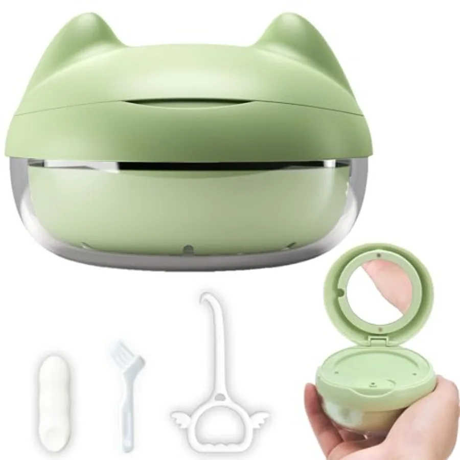 Retainer Case Denture Bath Case Basket Mirror Leak-proof Green Cat 2-in-1 design Strainer Basket No-Leak Cleaning Case for Mout