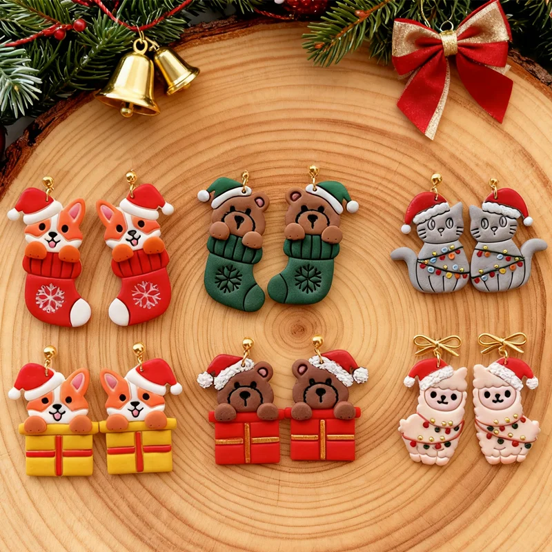 Christmas Animal Stocking Polymer Clay Cutters Santa Hat Corgi Bear Dog Shaped Pottery Clay Mold Earring Jewelry Embossing Tools - view 2