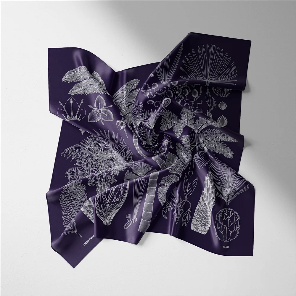 Twill Silk Scarf Woman Palm Tree Print Square Scarves Wraps Bandana Small Hijab Silk Foulards Tie Headband Neckerchief 53CM