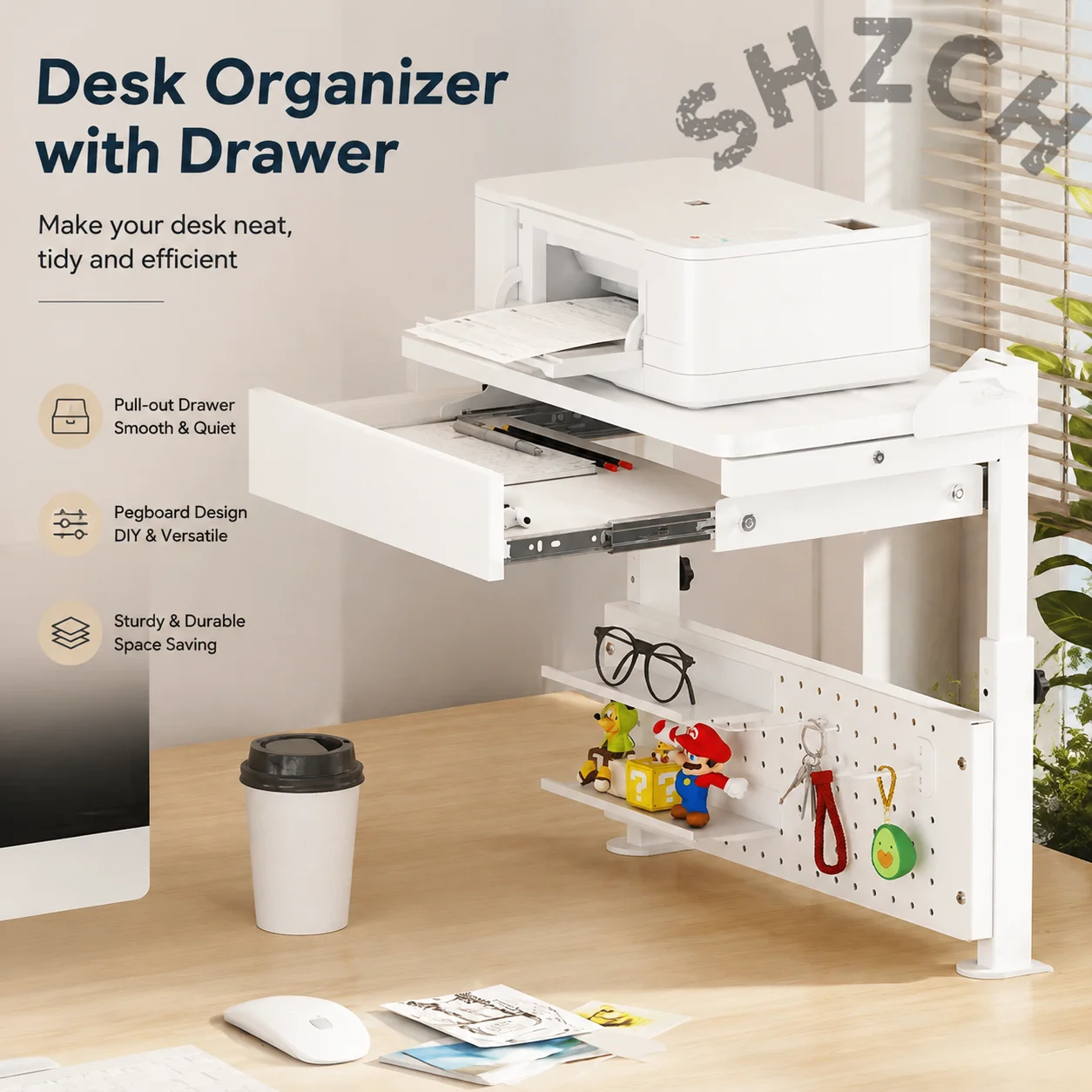 Floating Desk PC Stand with Drawer, No-Drill Computer Shelf and Smooth-Slide Pegboard Rack