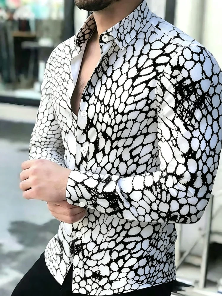 Men's Black and White Cracked Stone Print Long Sleeved Lapel Shirt Abstract Marble Texture Trendy Casual Flower Shirt