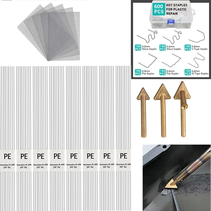 Auto Plastic Welding Repair Kit Includes 100pcs PE Rods 600 Metal Fasteners 5pcs Reinforcement Mesh and 3 Copper Tips for DIY