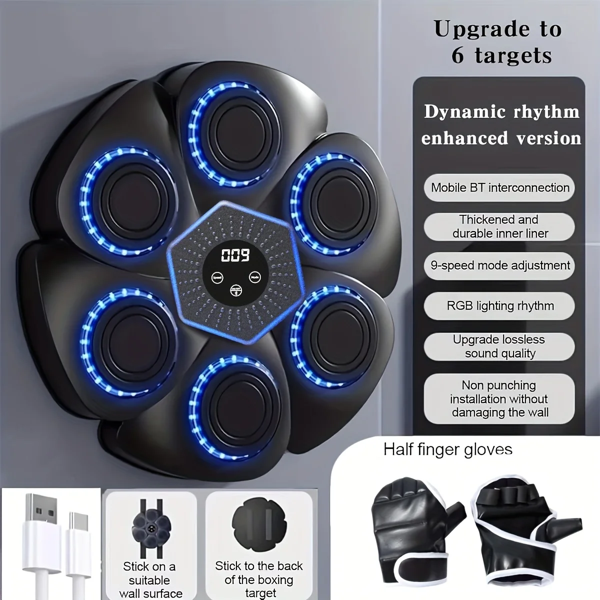 

Wall Mounted Boxing Reflex Trainer – LED Target with Gloves for Reaction Speed Training, Home Gym Fitness Equipment