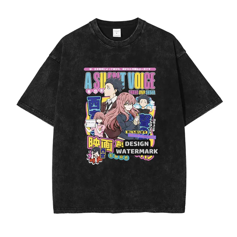 

Футболки с аниме A S-Silent Voice, большие винтажные потертые футболки Nishimiya Shouko, манга, ретро футболки Shouya, мужские футболки из 100% хлопка
