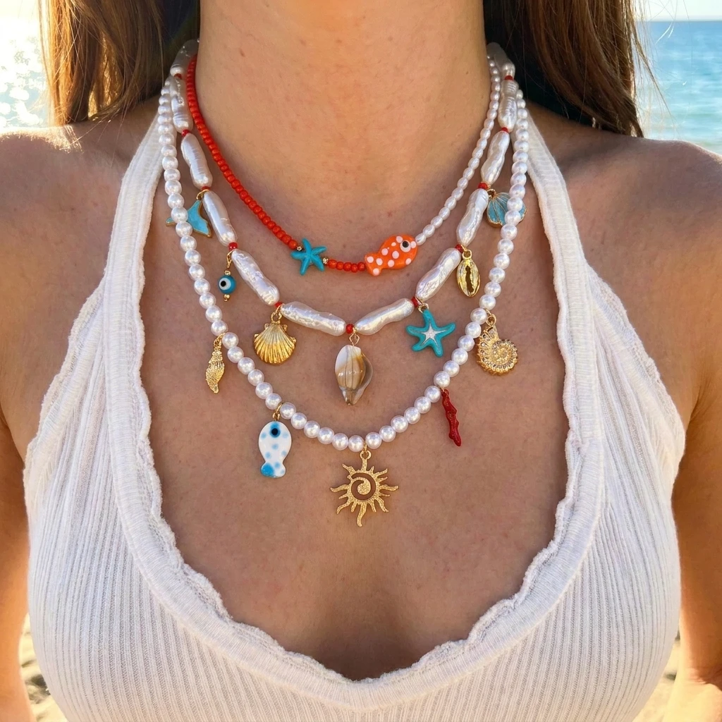 Boho Layered Pearl Shell Necklace Set for Women Ocean Starfish Fish Evil Eye Beaded Choker Summer Beach Stackable Neck Jewelry