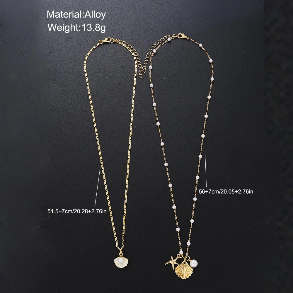 2pcs Set Fashion Boho Gold Color Marine Shell Starfish Pendant Pearl Chain Multi-layer Fold Wear Necklace for Women Jewelry Sets image 6