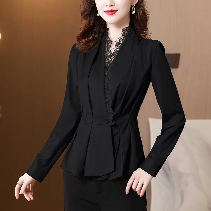 Autumn 2021 Women Blazer jacket Elegant Slim Patchwork Lace Suit Blazer V-neck Long Sleeve Single Button Office lady shirt