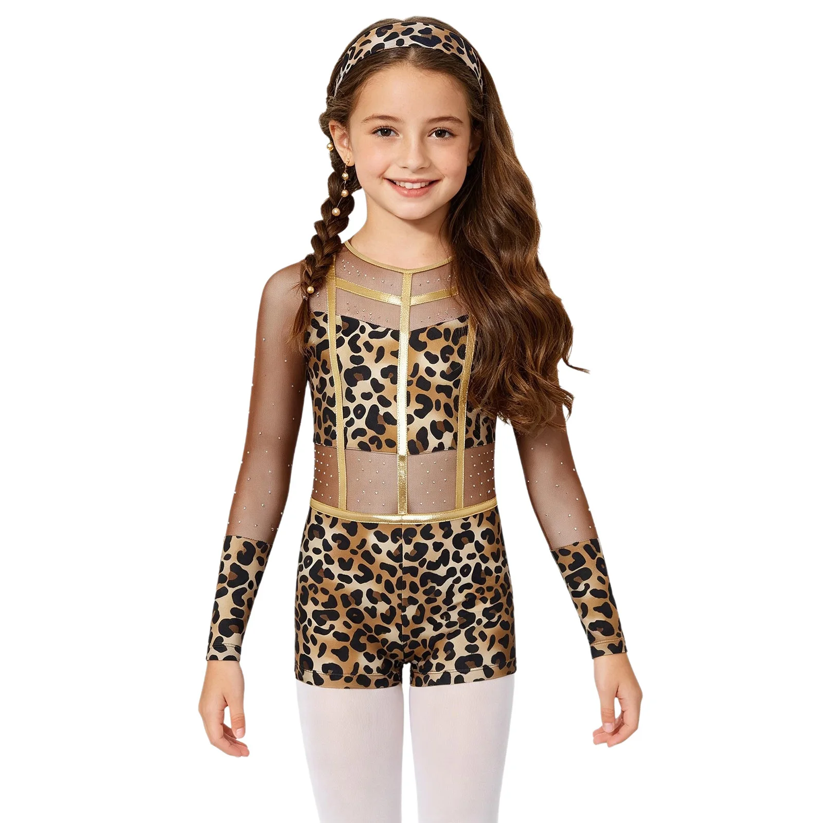 Kinder Mädchen Strass Leopardenmuster Jumpsuit für Ballett, Halloween Höhlenmenschen-Kostüm, Reißverschluss Metallic-Besatz Bodysuit – Detail 12