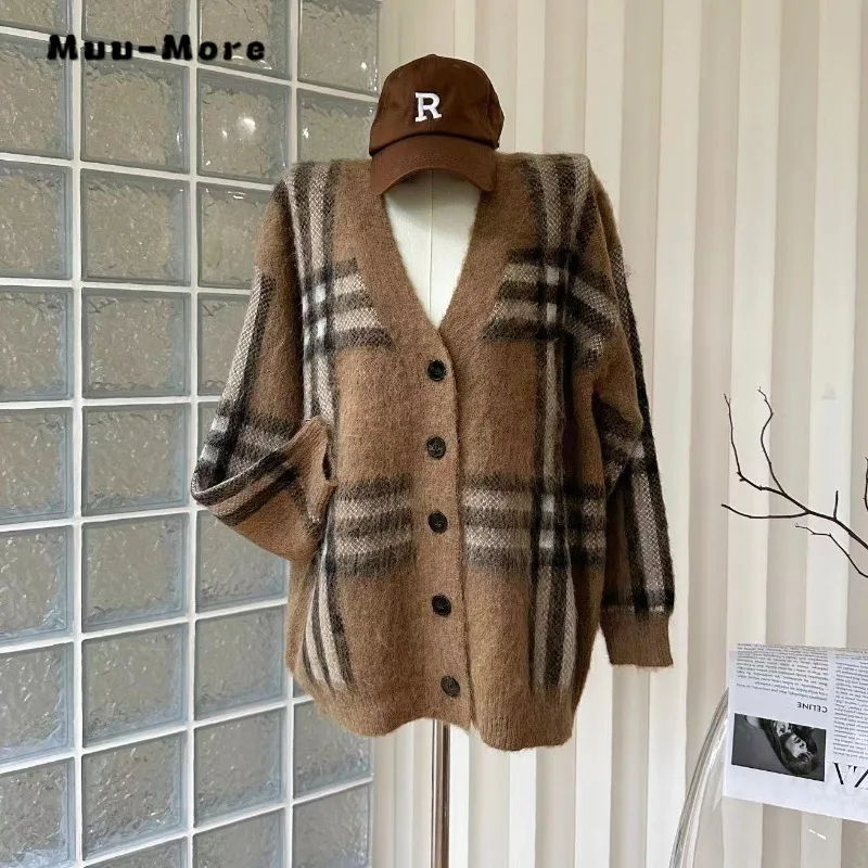 Women Vintage Plaid Knitting Long Sleeve V-neck Loose Cardigans 2023 Winter Fashion Casual Single Breasted Oversized Sweater