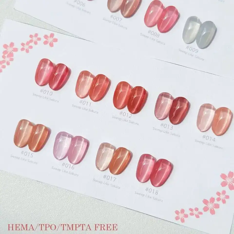 Set de esmalte de uñas gel efecto ojo de gato cristal rosa sakura, semipermanente brillante UV LED, esmalte removible con carta de colores 5