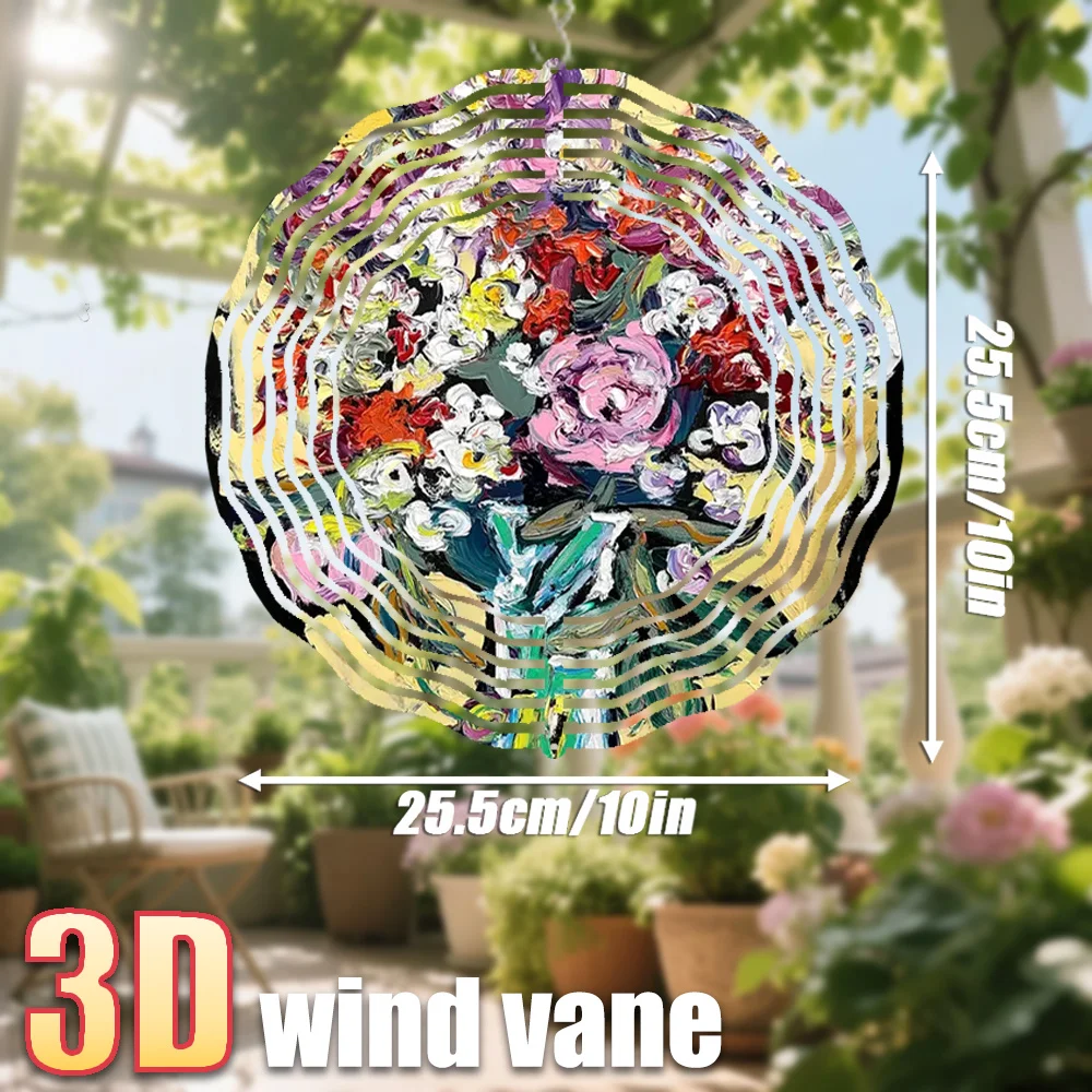 3D Colorful Floral Wind Spinner - 10 Inch Double Sided Metal Art with 360 Swivel Hook for Garden Lawn Outdoor Decor Gift