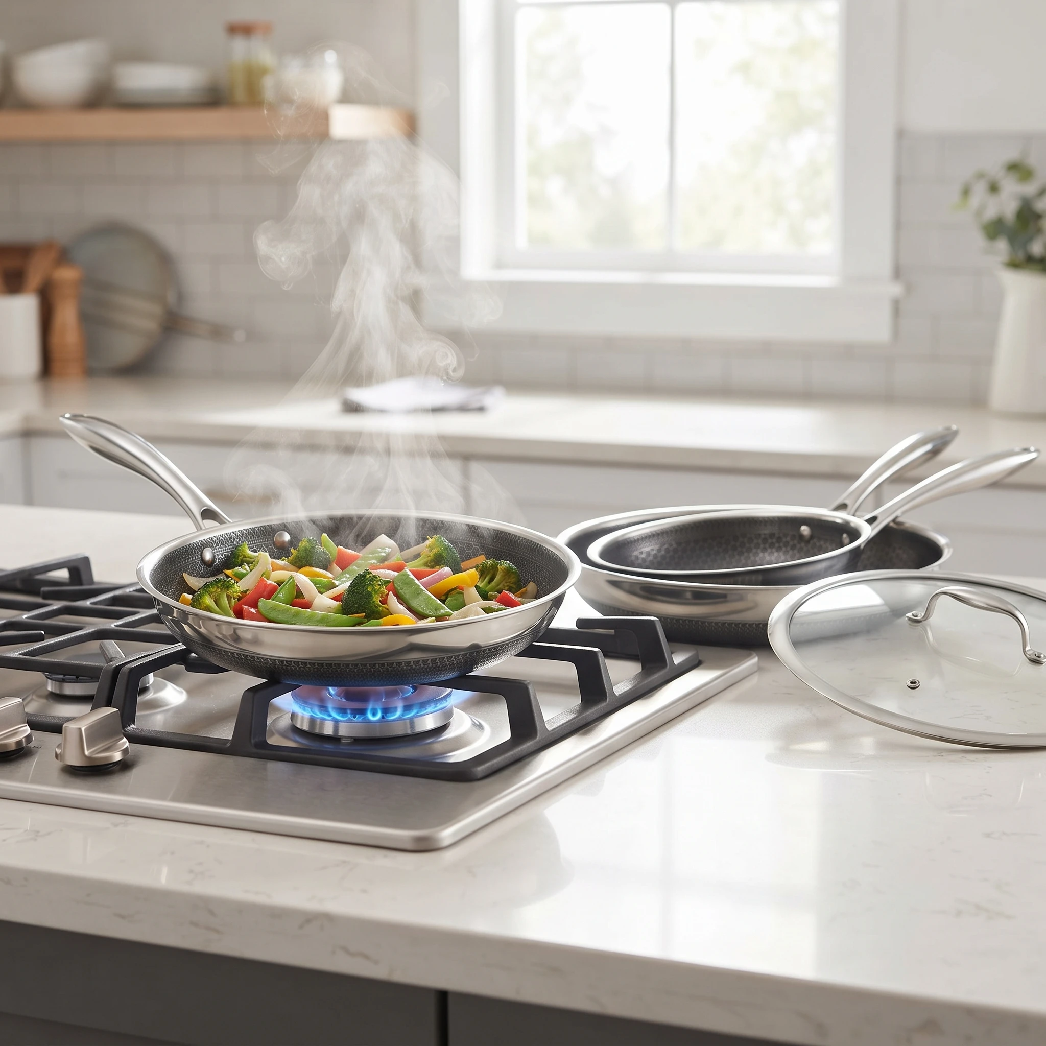 3pcs Kitchen Frying Pan Set with Lids Titanium Non Stick Tri Ply Clad Cookware Induction Compatible Oven Safe PFAS PFOA Free Cooking Pans 20 26 28 cm for All Stovetops and Home Cooking Essentials