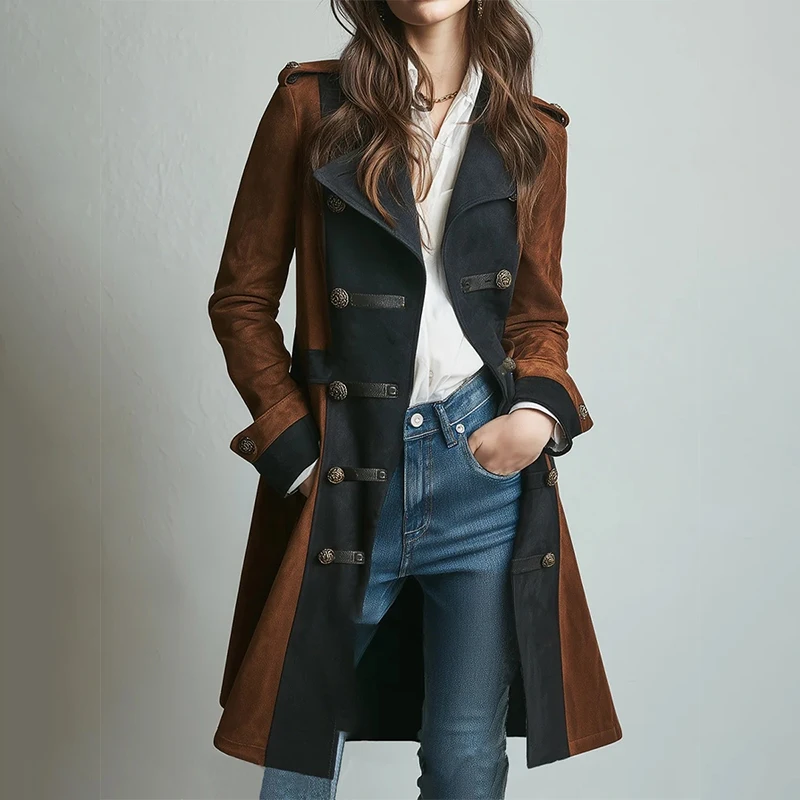 

Europe Americ Long Trench Coat Women Double-Breasted Full Sleeve Turn Down Collar Windbreaker 2025 Autumn Streetwear Outwears