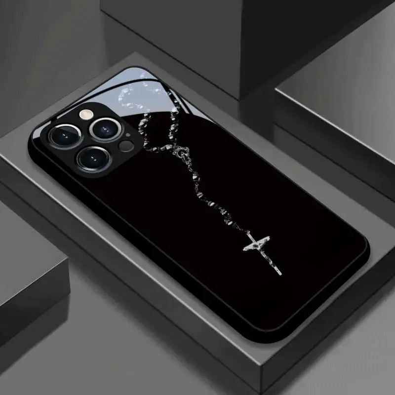 Silver Rosary Cross Pattern Tempered Glass phone case  for Iphone 17/16/15/14/13/12ProMax/11/11Pro Anti-drop protection