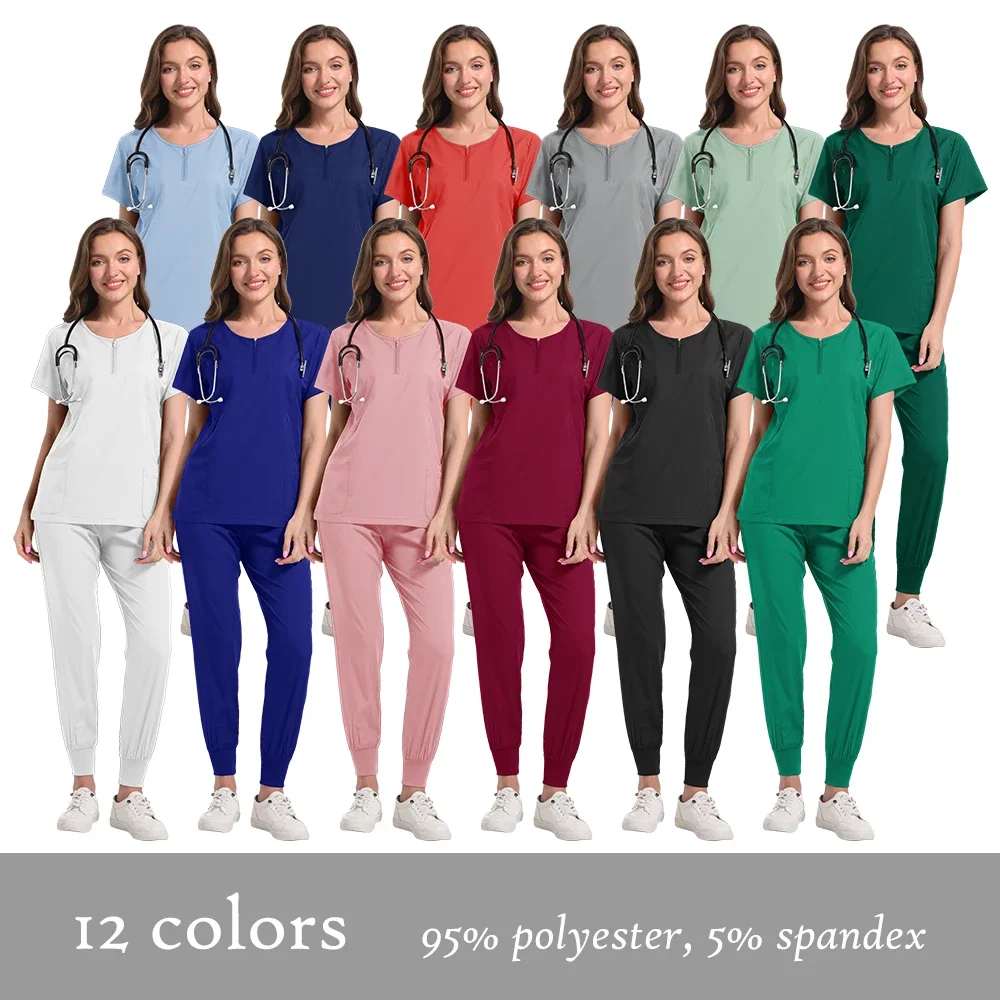 Round neck zipper medical wear Women's scrub wear Solid color operating room set Elastic scrub set can be customized