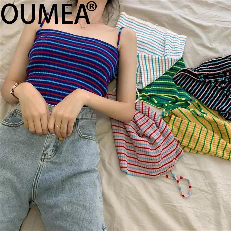 OUMEA Women Knitting Camisole Summer Rainbow Stripe Cute Crop Tops Beach Style Casual Tops