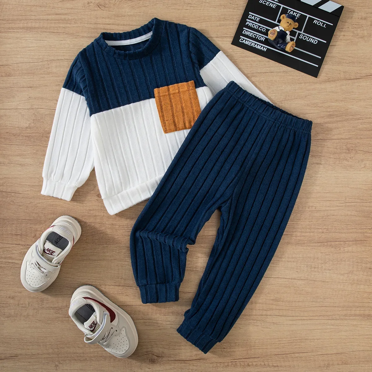 Somenie Autumn Winter Boys 2Pcs Clothing Set Long Sleeve Patchwork Sweatshirt Matching Pants Fashion Casual Kids Daily Outfit