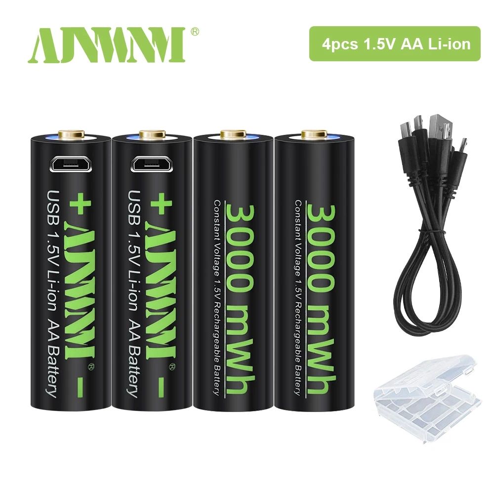 

AJNWNM High Capacity 1.5V AA 3000 mWh USB Rechargeable Lithium ion Battery For Remote Control Wireless Mouse + Cable