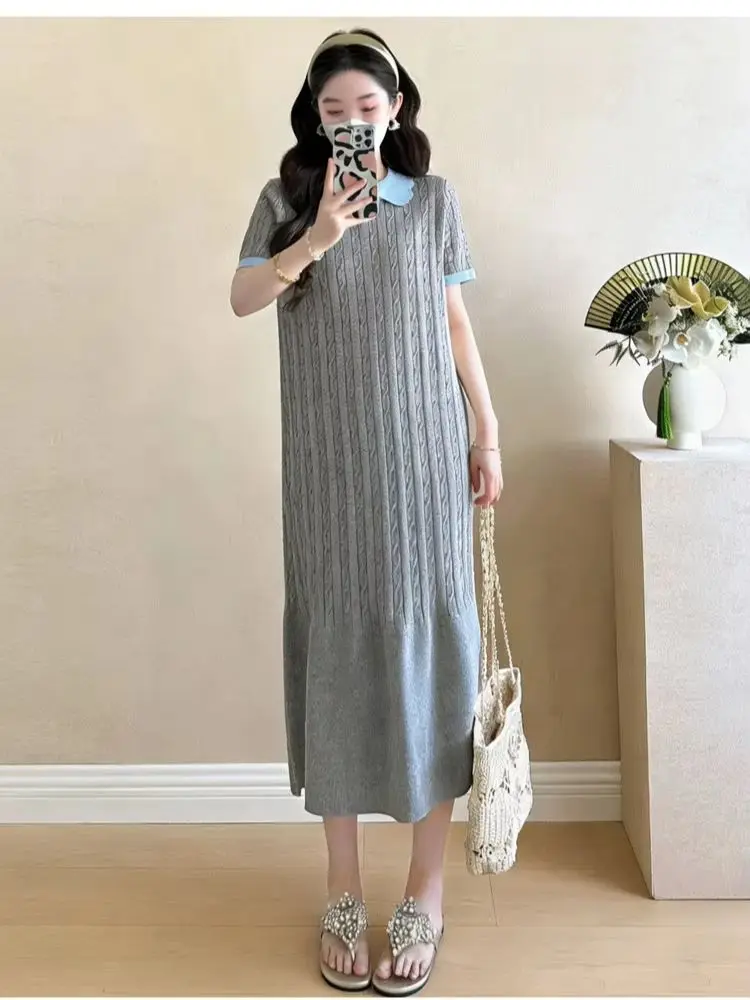 Woman Striped Dress Fishtail Dresses 2026 Summer Maternity Knitting Dress Block Color Peter Pan Collar Short Sleeve Pregnant