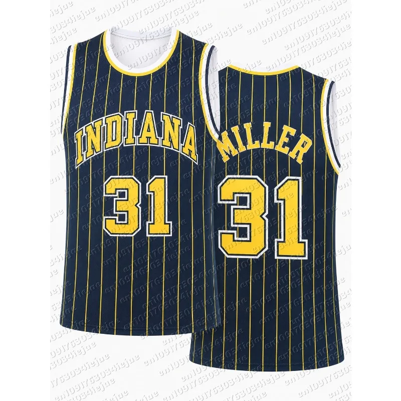 Retro Miller 31 Indiana Basketball Jersey Yellow Pinstripe Navy Print Sports Uniform Casual 3d Printed Vest Kids and Men