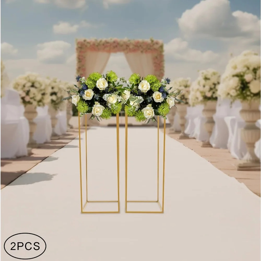 2 Pcs Gold Wedding Flower Stand Metal Column Flower Stand Tall Geometric Centerpieces Vase Rectangular Flower Display Rack