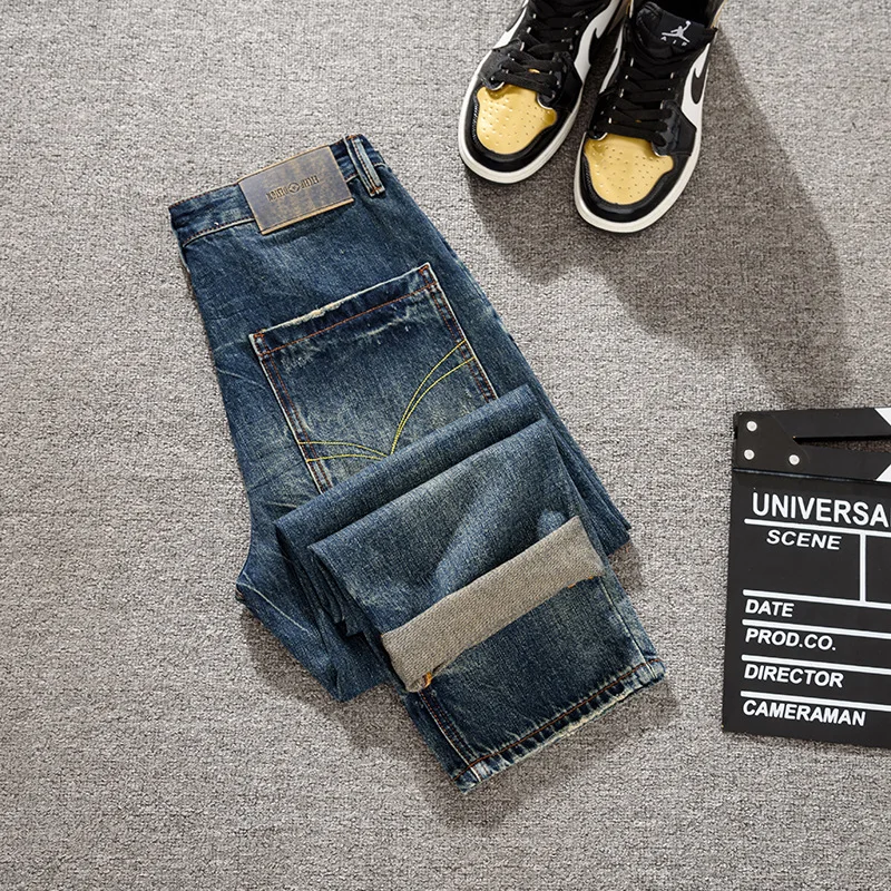 

Свободные мужские джинсы прямого кроя в японском стиле ретро, ткань с нашивкой Харлан, камуфляжная ткань, универсальные повседневные брюки