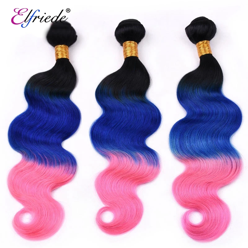 Elfriade-extensiones de cabello humano ondulado, mechones de pelo brasileño con cierre de encaje, color azul y rosa, 3 mechones, 4x4, # T1B