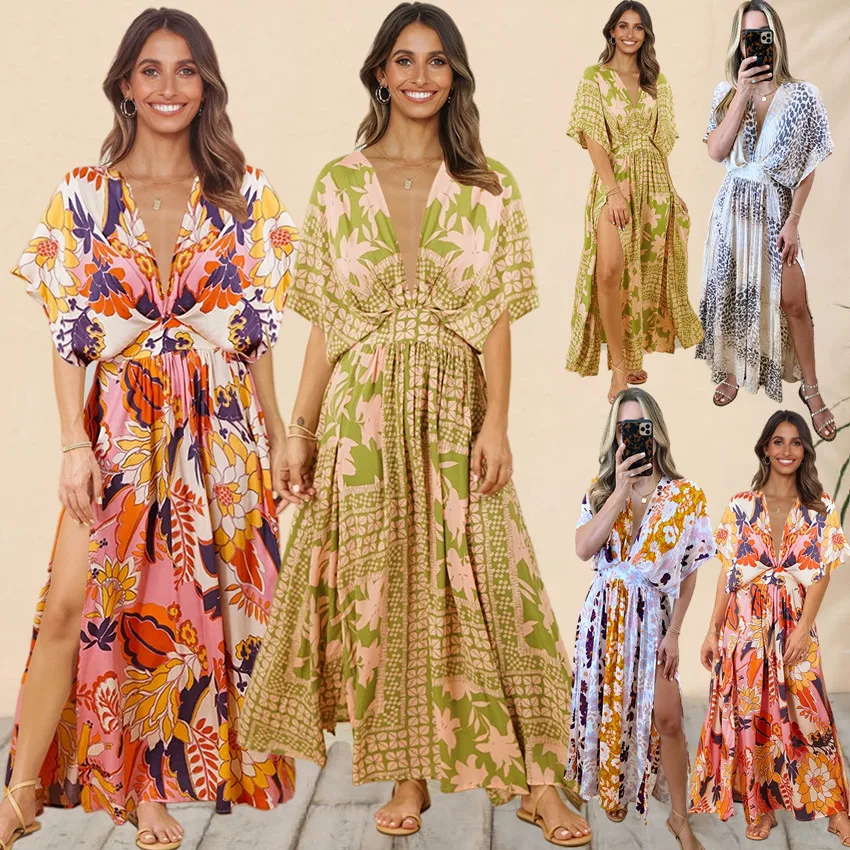 

New MIddle East kuwait Fashion Women prom Sexy Boho Summer Casual Floral Evening Party Beach Long Maxi Dress Tourism skirt