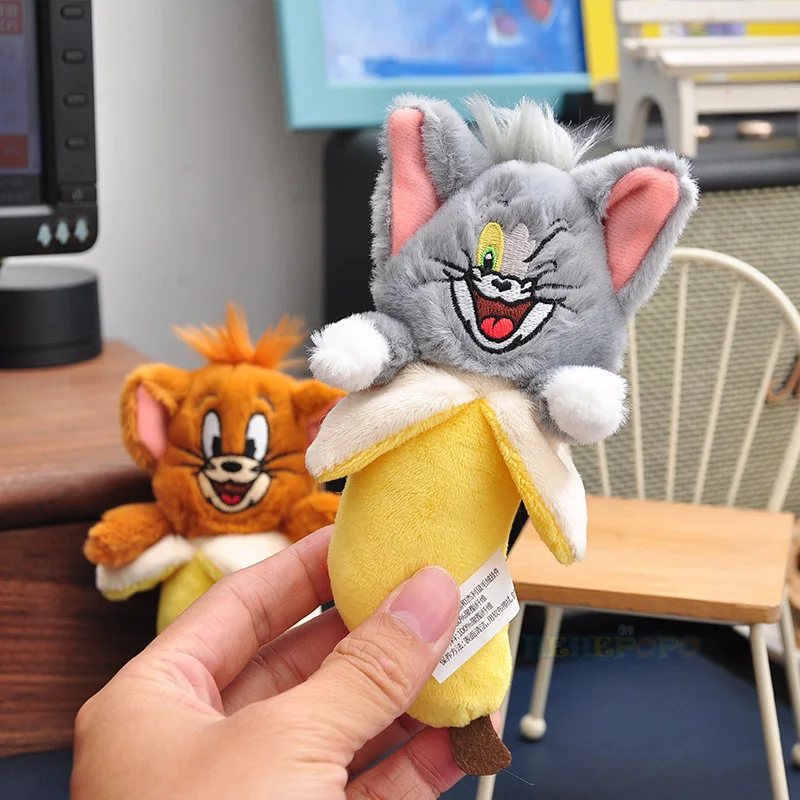 พวงกุญแจตุ๊กตากล้วยทอมแอนด์เจอร์รี่14ซม., พวงกุญแจน่ารักแปลกใหม่จี้ตุ๊กตาหนานุ่มตุ๊กตาแมวทอมตุ๊กตาคู่ของขวัญ