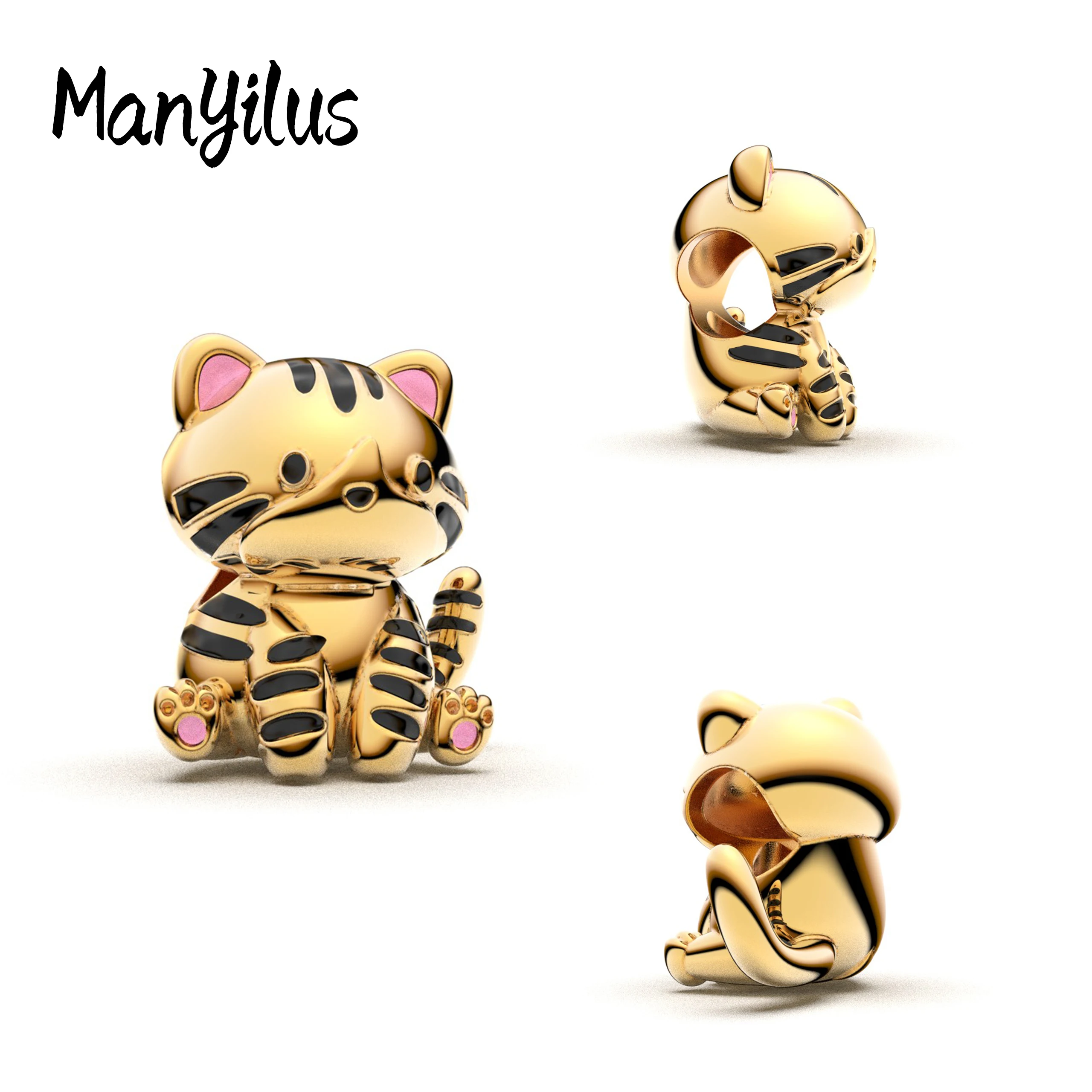 Позолоченный серебряный шарм Manyilus 925 пробы в виде милого котенка табби для оригинальных браслетов и ожерелий, эмалированное украшение для домашних животных, подарок