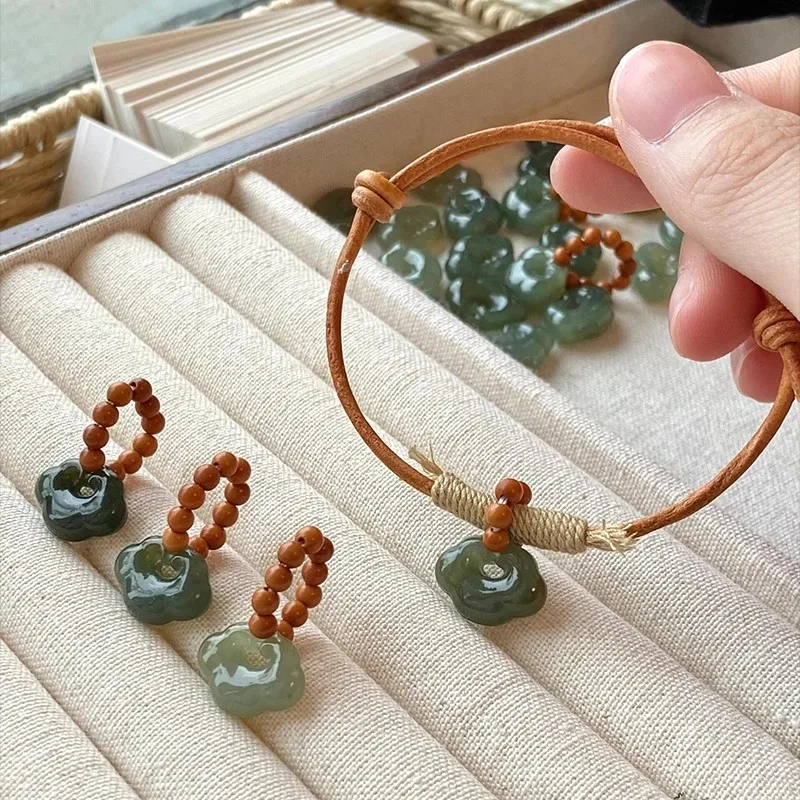 Natural Hetian Jade Auspicious Cloud Safety Lock Pendant Bracelet Retro Adjustable Pull Handwoven Bracelet Gifts