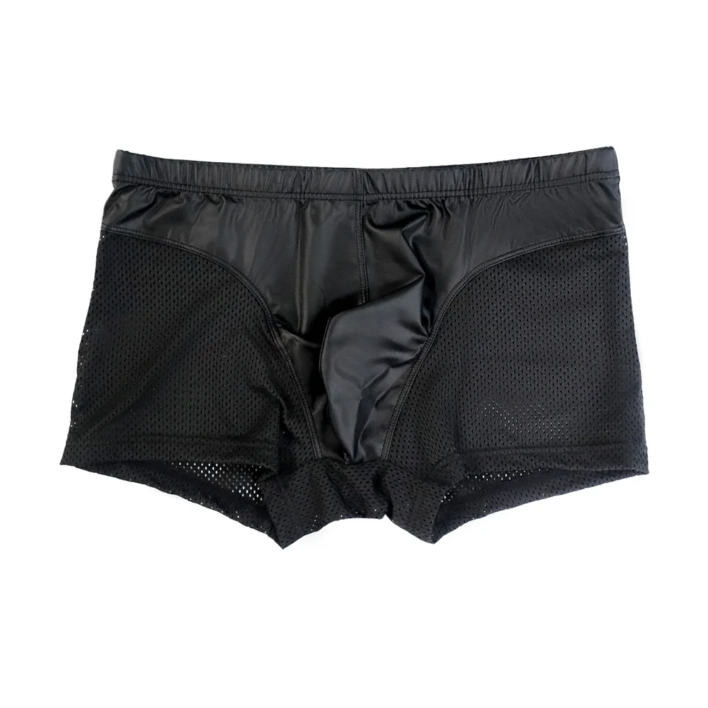 

Men's Low Waist Breathable Underpants Splicing Mesh Faux Leather Soft Shorts Underwear Bulge Pouch Nightclub Boxers Sexy Trunks