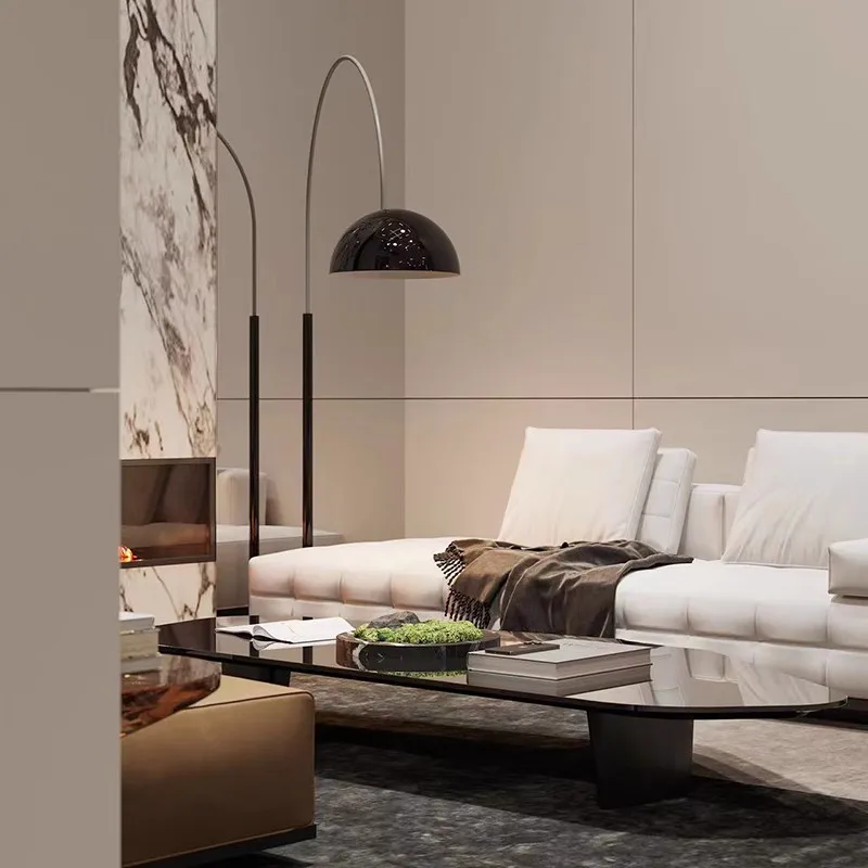 Living room, next to the minimalist sofa, high-value and advanced piano light, vertical light