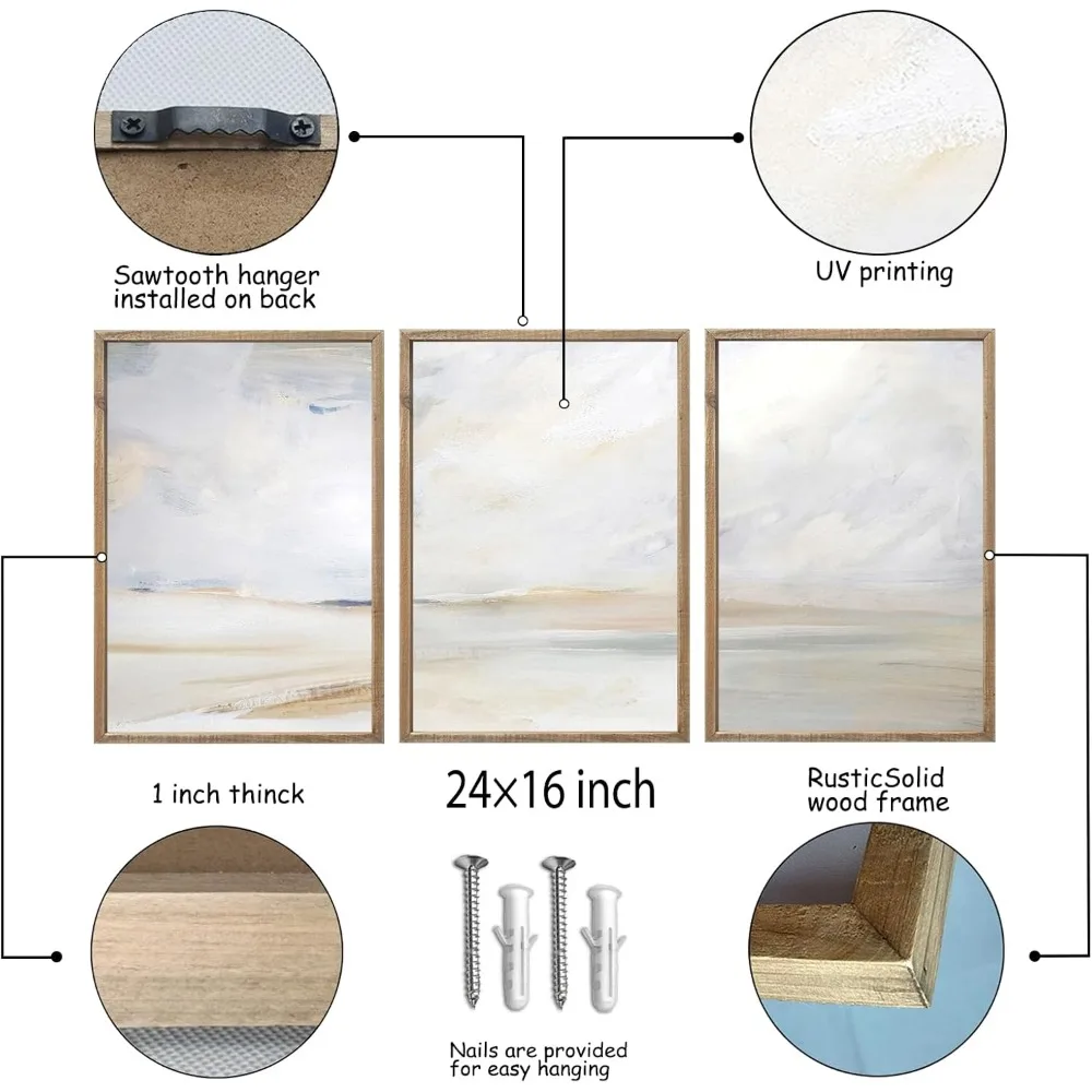 Satz von 3 grauen abstrakten Strand drucken Wand kunst Dekor 24 "x 16" Holz gerahmte Natur Wildnis szenische Zeichen für Schlafzimmer minimalist isch