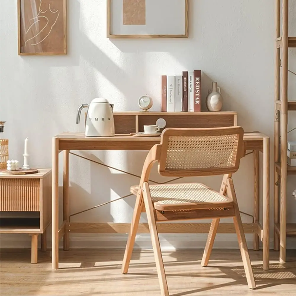 Folding Dining Chairs Set Of 6, Foldable Wood Kitchen Chairs 100% Real Rattan Woven Seat And Back,Handmade For Living Room