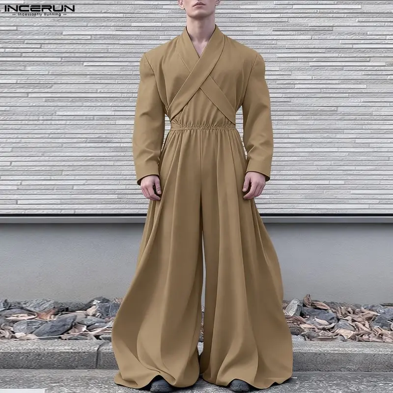 

Мужские комбинезоны однотонные с V-образным вырезом и длинными рукавами, повседневные ромперы INCERUN, уличная мода, свободные модные мужские комбинезоны с широкими штанинами, размеры S-5XL