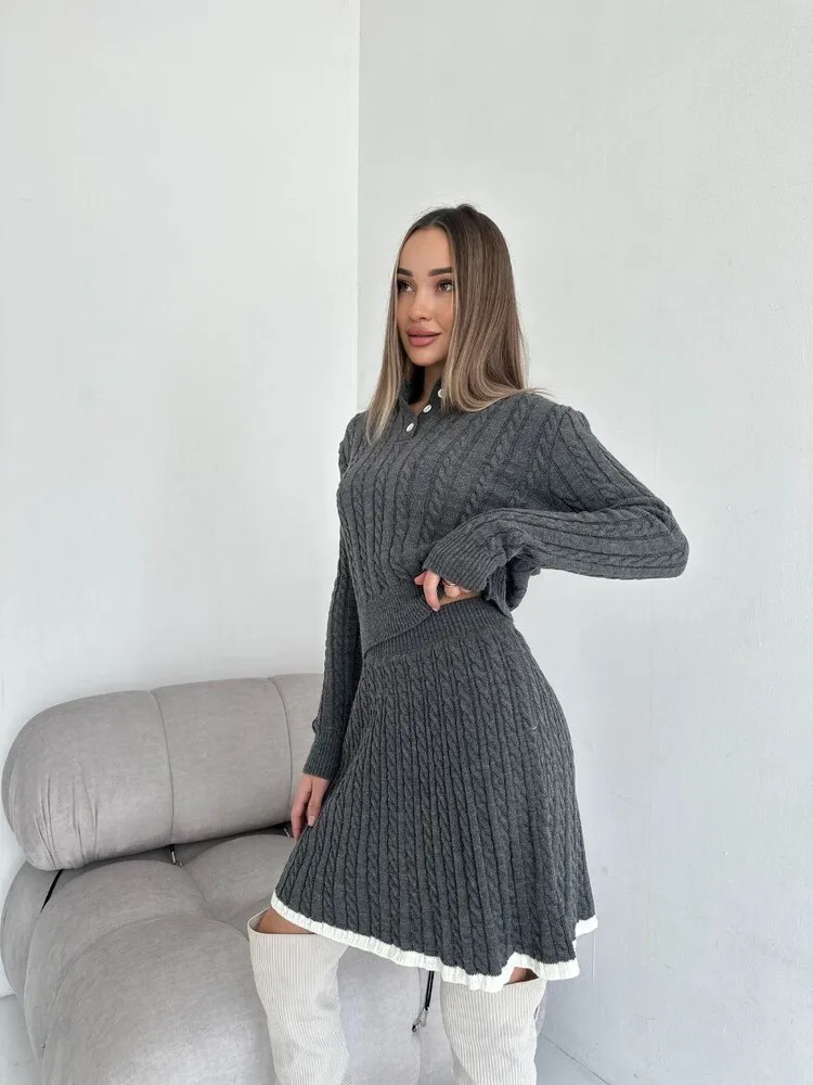 

Fashion Knitted 2 Piece Set Autumn Casual Lapel Button Long Sleeve Solid Color Sweater Elastic Waist Short Skirt Set For Women