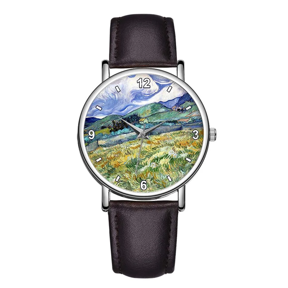 C-9307 Country Landscape Oil Painting Women Fashion Quartz Leather Wristwatch