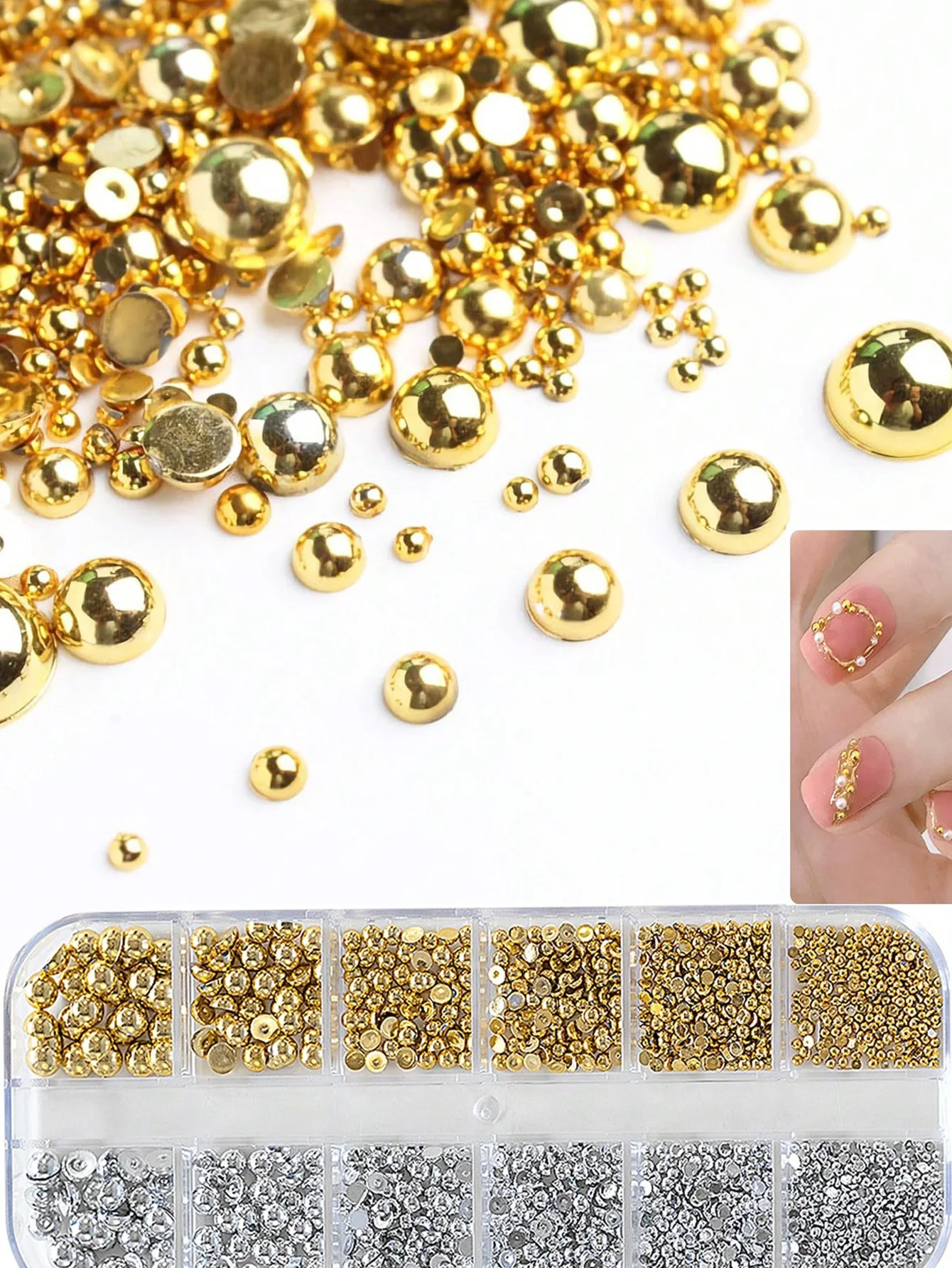 ลูกปัดตกแต่งเล็บทรงครึ่งวงกลม 12 ช่อง สีทอง+เงิน เมทัลลิก แบบแบนหลังเรียบ ขนาดผสม