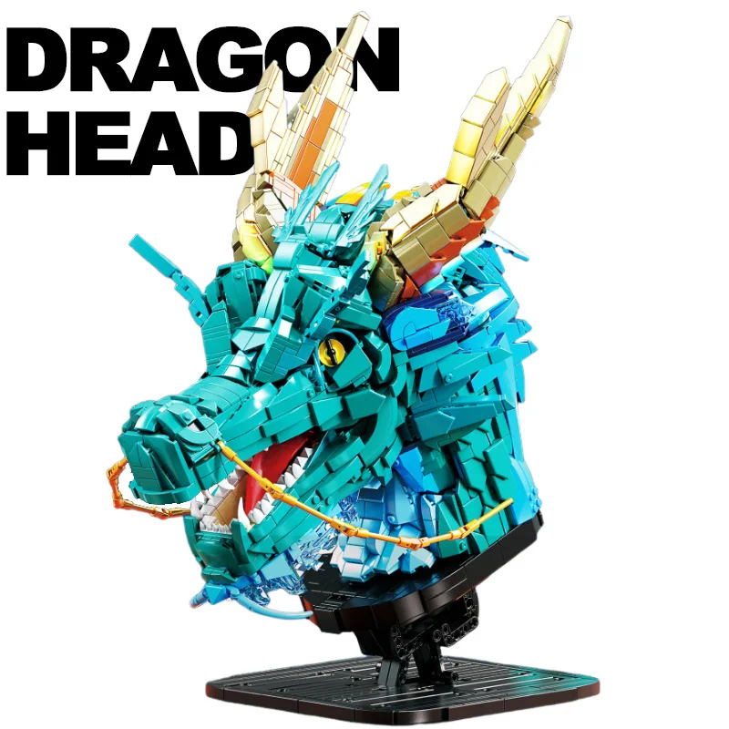 Creative Dragon Head Model Building Blocks MOC Chinese Dragon Zodiac Mythical Animal Assemble Bricks Toys Gifts Kids Adult