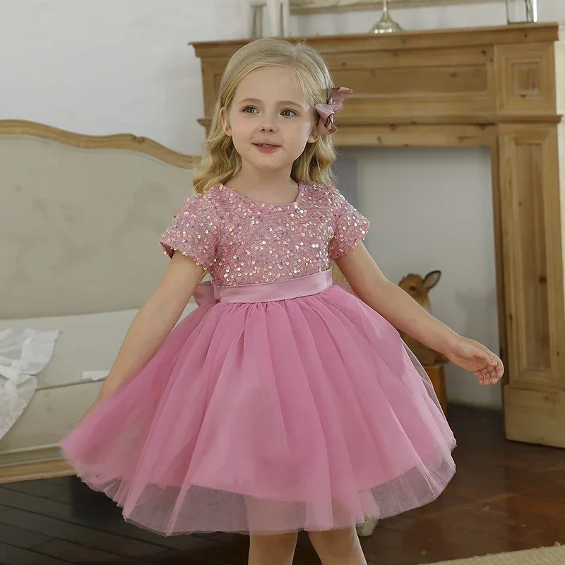 

2023 Kids Party Dresses for Girls Sequin Fluffy Prom Gown for Wedding Evening Elegant Children Birthday Princess Dress 4-10 Year