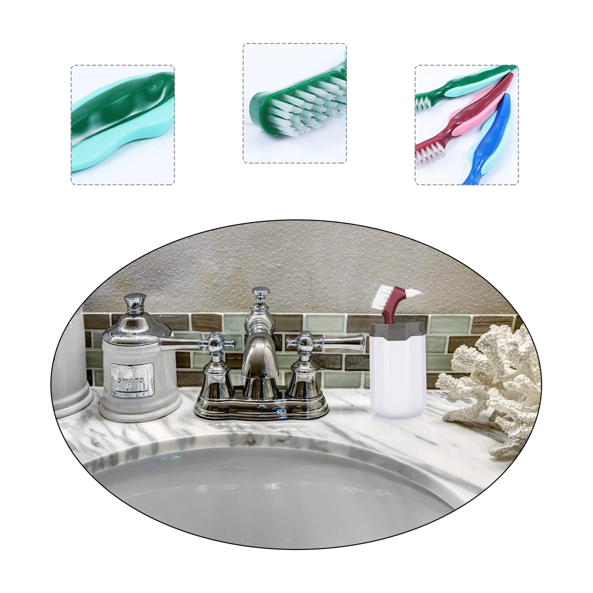 

3pcs Double Head Denture Brush Large Small Angled Bristles False Teeth Cleaning Reusable Lightweight Long Handle Denture