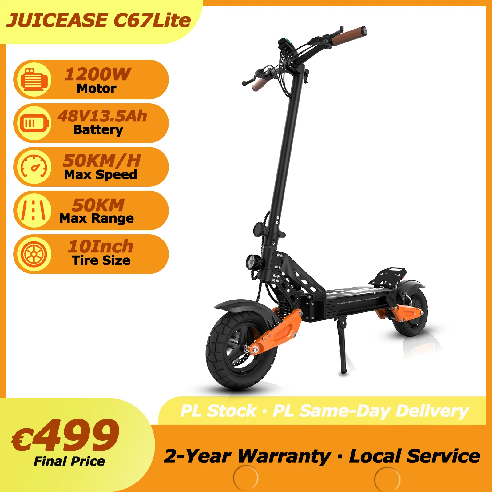 Trottinette électrique JUICEASE C67Lite 48V13.5Ah, moteur haute puissance 1200W, autonomie 50KM, vitesse 50KM/H, pneus larges de 10 pouces, trottinette tout-terrain