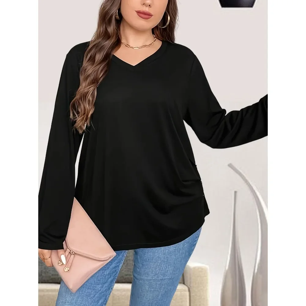 

Plus Size Women's Button Ruched Long Sleeved Tee Women's Casual Solid Color T-shirt