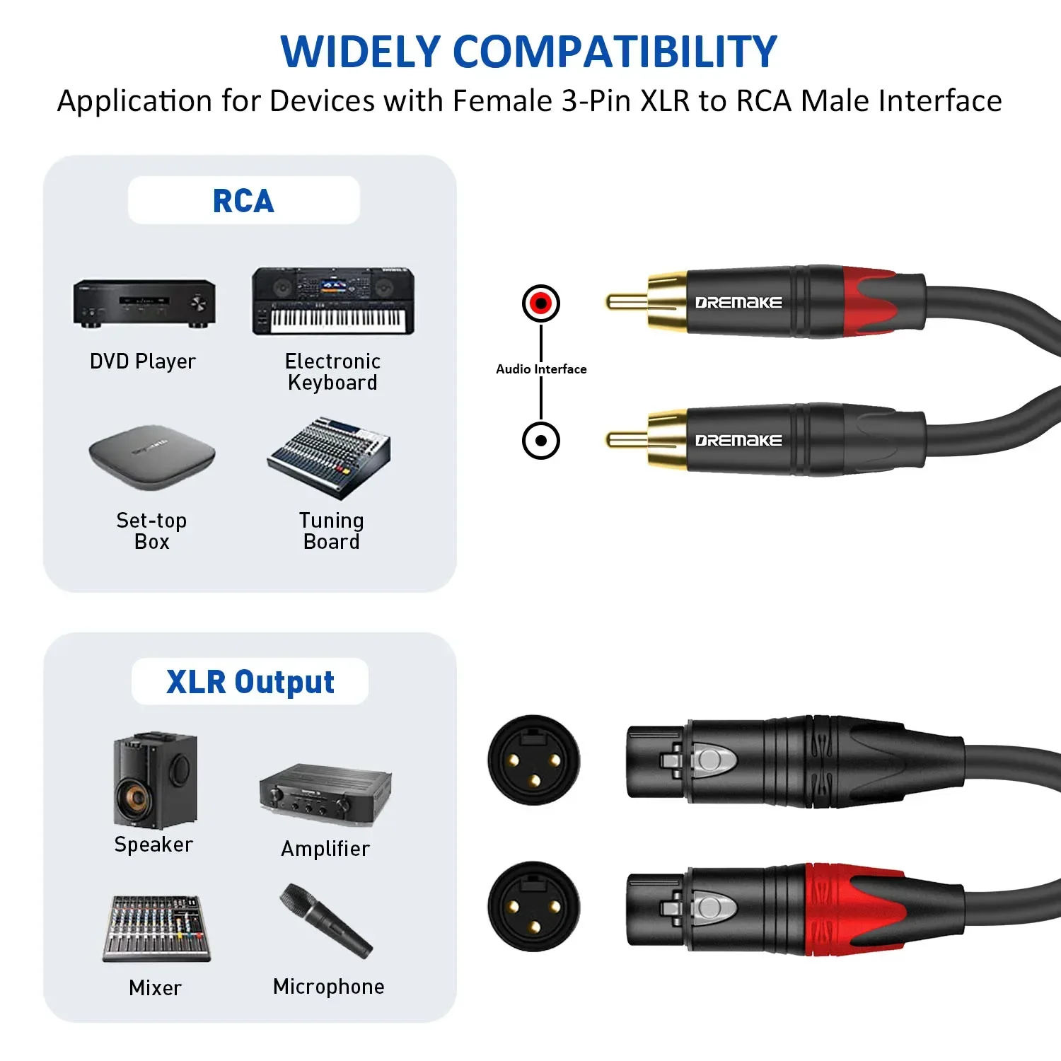 DREMAKE RCA do kabla Audio XLR podwójny wtyczka RCA do Dual XLR 3-Pin kabel mikrofonowy 2 XLR do 2 RCA radio HiFi kabel Patch przewód zasilający