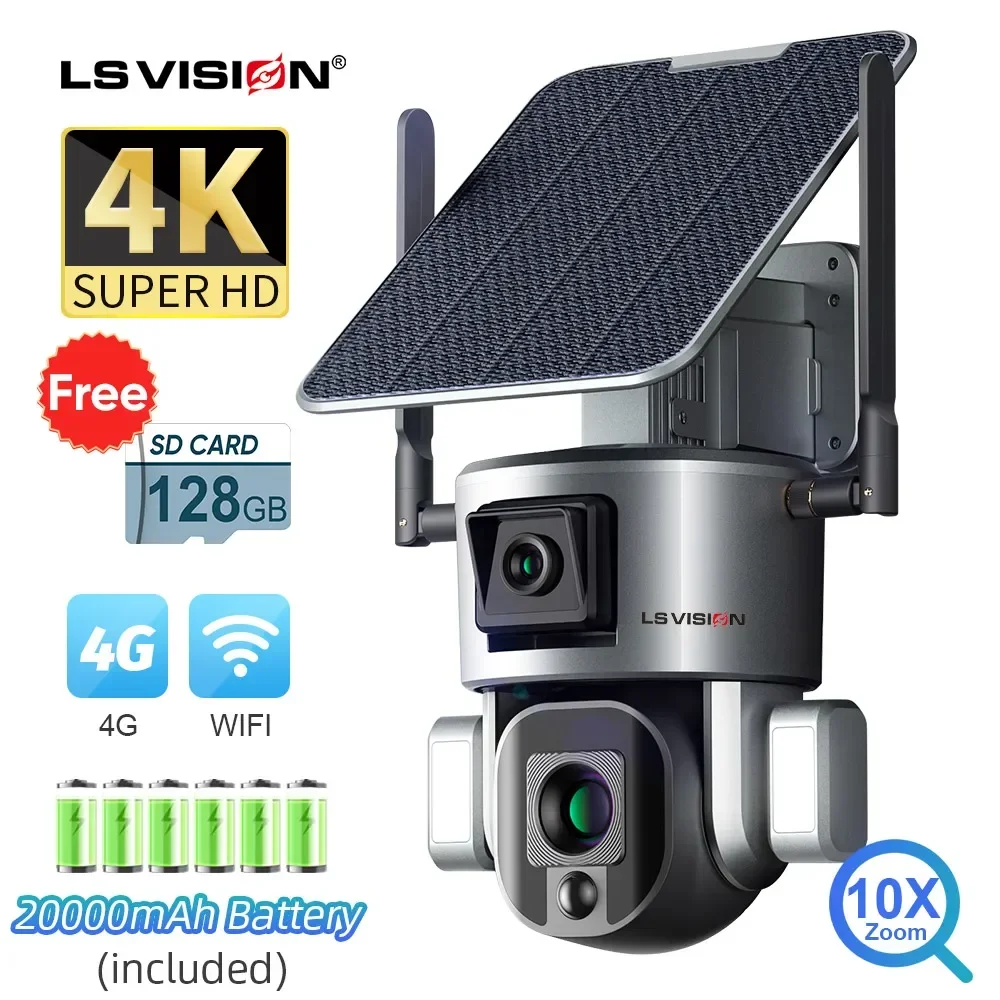 

LS VISION 4K 8MP Dual Lens Solar Camera Outdoor 4G/WiFi Dual Screens 4X 10X Optical Zoom Humanoid Tracking PTZ Security Cameras