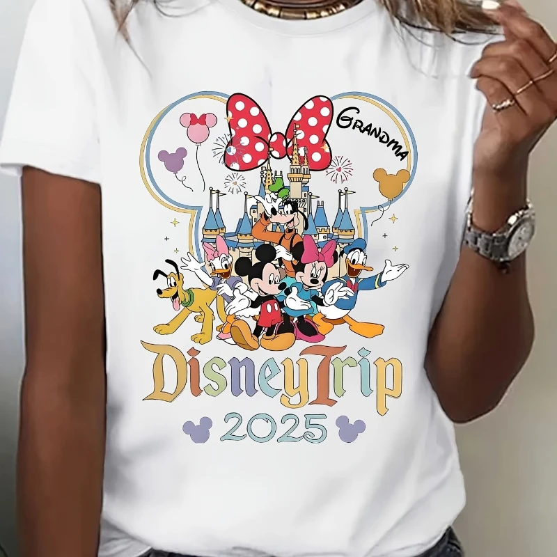 

Ladies Mickey and Minnie Cartoon Pattern T-shirt Men Grandma and Granddaughter 2025 Short-sleeved Crew Neck Casual T-shirt