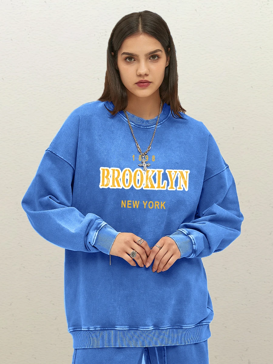 Yellow Brooklyn Letter Prints Women Washed Cotton Sweatshirts Fashion Crewneck Pullover Vintage Oversize Hooded Y2K Clothing